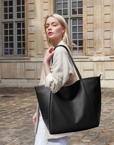 KALIDI Large Tote Bag Vegan Leather 16L Casual Zipper Work Weekender - color: Black