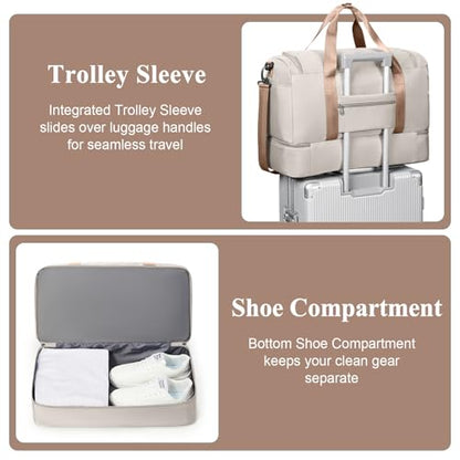 Large Travel Duffle Bag,Carry-on Overnight Weekender Bags for Women - color: Beige & Brown with Toiletry Bag