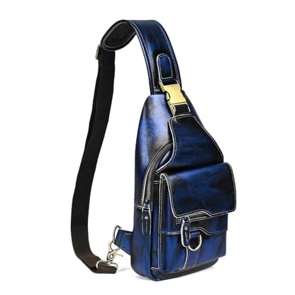 Genuine Leather Hiking Travel DayPack Sling Crossbody Triangle Chest Pack Bag For Men Women 8241 (D-8241 Blue) - color: D-8241 Blue