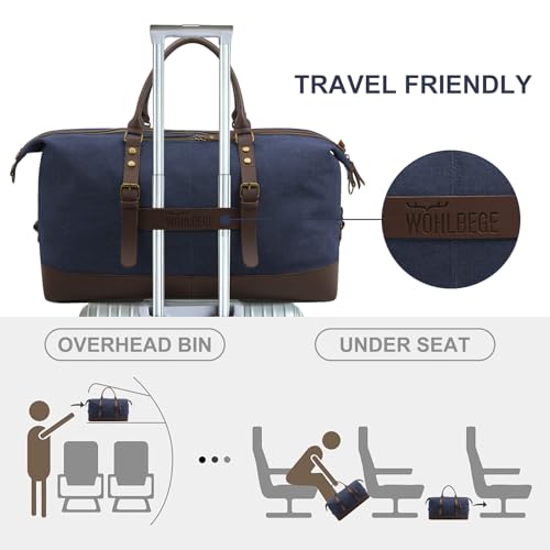 55L Canvas Duffle Bag for Men, Carry On Travel Weekender Overnight Bag - color: Blue