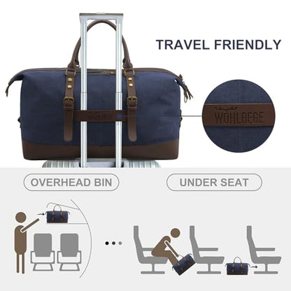 55L Canvas Duffle Bag for Men, Carry On Travel Weekender Overnight Bag - color: Blue