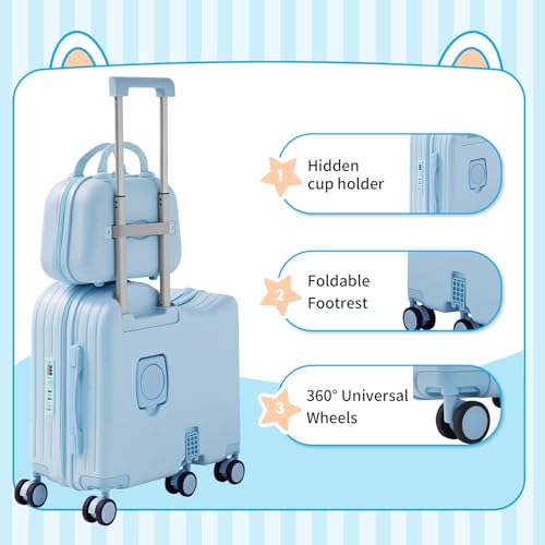 Ride-On Luggage, 6-Wheel Kids Suitcase with Cup Holder, Portable Bag - color: Blue