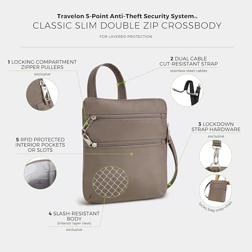 Travelon Anti-theft Classic Slim Double Zip Crossbody - color: Hazelnut