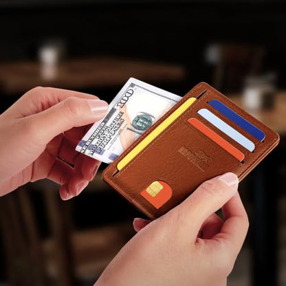 Genuine Leather Mens Wallet Slim RFID Blocking Credit Card Holder - color: VegTan BrickBrown
