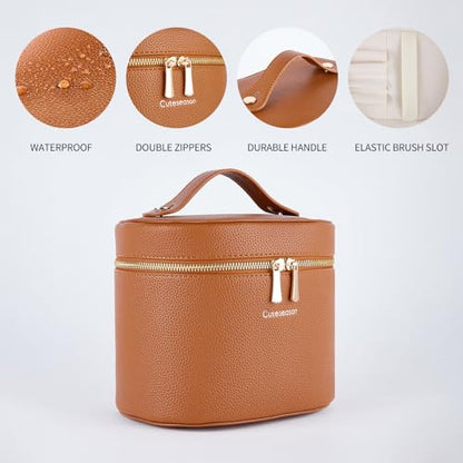 Makeup Bag with Removable Organizer Insert, PU Leather Travel Cosmetic Case with Brush Storage and Carry HandleLight Khaki - color: Light Khaki