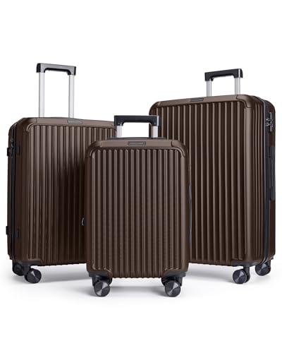 LIGHT FLIGHT 3 Pieces Luggage Sets with Spinner Wheels Hardshell TSA Lock - color: Coffee Brown