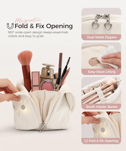 Parallel Traveler Makeup Bag, Shell Shape Magnetic Hold-Open Cosmetic Bag, Fold-Down Design, Large Capacity Waterproof Organizer with Compartments for Travel Essentials, Off White - color: Off-white