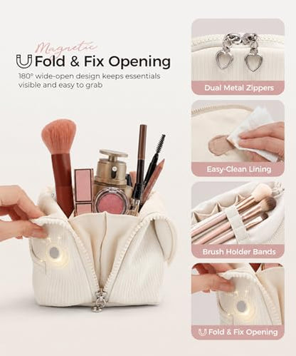 Parallel Traveler Makeup Bag, Shell Shape Magnetic Hold-Open Cosmetic Bag, Fold-Down Design, Large Capacity Waterproof Organizer with Compartments for Travel Essentials, Off White - color: Off-white