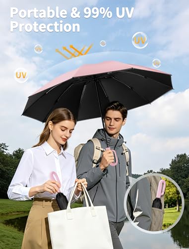 Jorilis Inverted Umbrella with Carabiner Handle, Windproof UV Sun & Rain - color: Pink