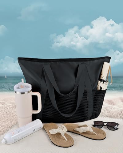 HOMESPON Beach Bag Large Waterproof Sandproof Tote for Women with Zipper and Mesh Pockets - color: Black, size: Medium