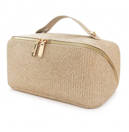 Makeup Organizer Bag, Travel Cosmetic Bag with Compartments, Gold - color: Gold