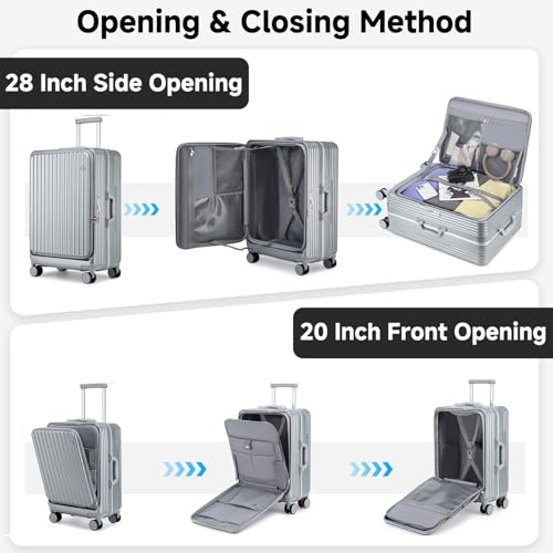 Somago Lightweight 2 Piece Luggage Set, 20" Front Opening 28" Side Opening with Cup Holder Spinner Wheels with Brake and USB Charging 100% PC Hardshell Suitcase with TSA Lock,Silver - color: Silver, size: 2-Piece Set (20-Inch/28-Inch)