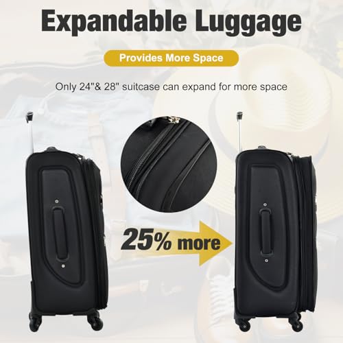 Softside Luggage Expandable 3 Piece Set Suitcase with Duffel Bag Upright Spinner Softshell Lightweight Travel Black Essential