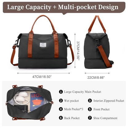 Weekender Bags for Women, Personal Item Travel Bag with Shoes Compartment - color: Black & Brown, size: Large