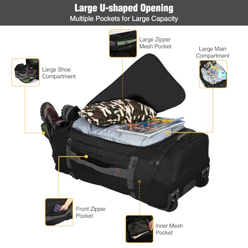 REDCAMP 85L/120L/140L Foldable Duffle Bag with Wheels, Large Travel Duffel Bag - color: 120L Black (Large) with U-shaped Opening