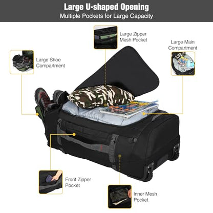 REDCAMP 85L/120L/140L Foldable Duffle Bag with Wheels, Large Travel Duffel Bag - color: 120L Black (Large) with U-shaped Opening