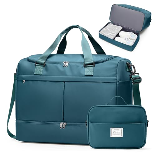 Travel Duffel Bag with Shoe Compartment,Overnight Weekender Bags for Women - color: Peacock Blue with Toiletry Bag