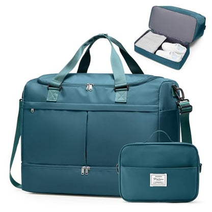Travel Duffel Bag with Shoe Compartment,Overnight Weekender Bags for Women - color: Peacock Blue with Toiletry Bag