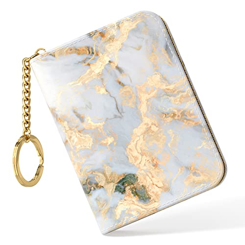 Nipichsha Women's Gray Gold Marble Leather Slim RFID Wallet, Compact Size, 12-Slot with Zipper and Keychain - color: Gray Gold Marble