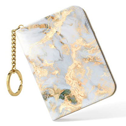 Nipichsha Women's Gray Gold Marble Leather Slim RFID Wallet, Compact Size, 12-Slot with Zipper and Keychain - color: Gray Gold Marble