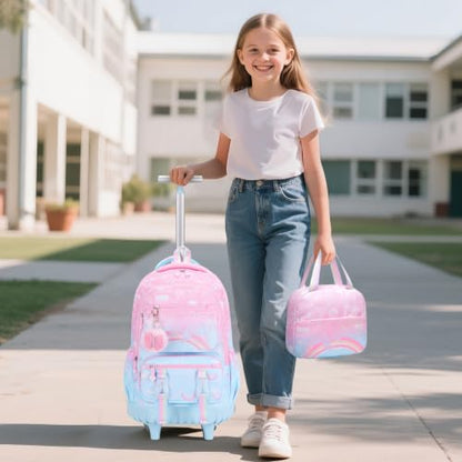 3PCS Rainbow Butterfly Rolling Backpack for Girls w/ Lunch Box (Pink Blue) - color: Pink Blue