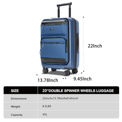20 Inch Softside Suitcase with Spinner wheels, Carry on Luggage with & USB Port,Hybrid Soft Front & Hard Shell Large Checked Luggage with TSA Lock, Blue - color: Blue, size: 20 Inch