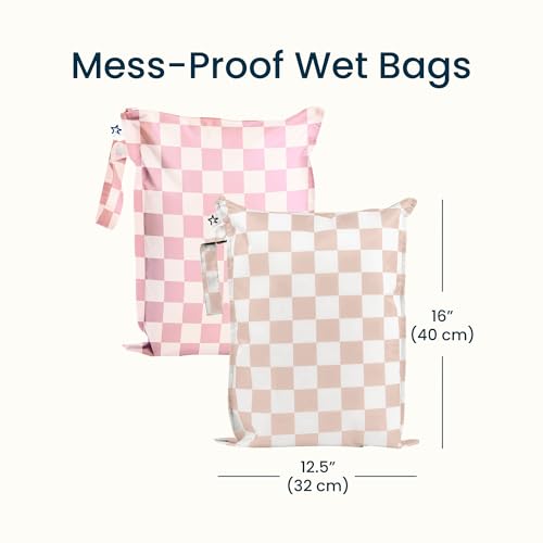 Tiny Twinkle Mess Proof Wet Bags | 2-Pack Reusable Waterproof Wet Bags for Swimsuits | Baby Clothes | Travel & Diaper Bag (Pink, Brown Checkers) - color: Pink, Brown Checkers, size: 2 Pack