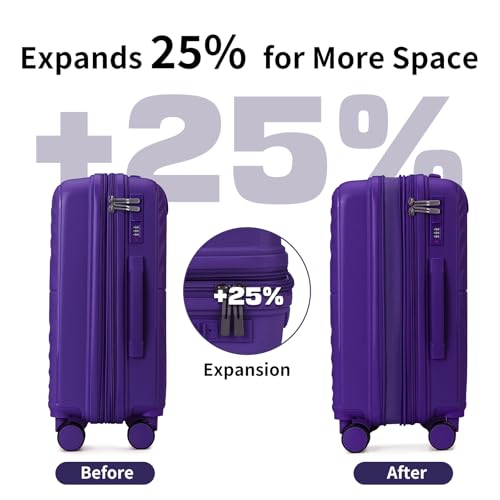 LARVENDER Expandable Carry On 3 Piece Luggage Set with Backpack 20 Inch - color: Grape Purple, style: 3 Piece Sets
