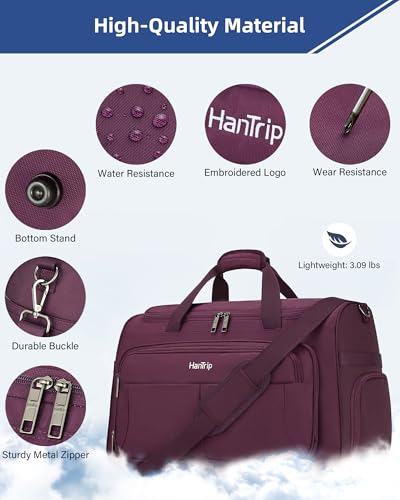 HanTrip 21 Inch Carry On Duffel Bag Foldable Overnight Tote Bags, Purple - color: Purple, size: Carry-on 21.5-Inch