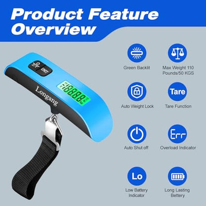 Digital Hanging Luggage Scale with Backlit for Travel, Portable Handheld Suitcase Weight Scale with Hook, 110 Pounds, Battery Included - color: Blue