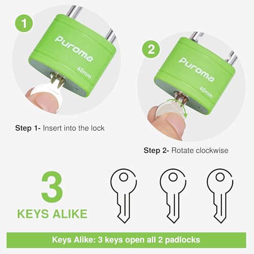 Puroma 2 Keyed Padlock with 3 Keys 7/8" School Locker Lock Gate 40mm Green - color: Green