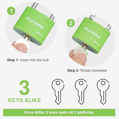 Puroma 2 Keyed Padlock with 3 Keys 7/8" School Locker Lock Gate 40mm Green - color: Green