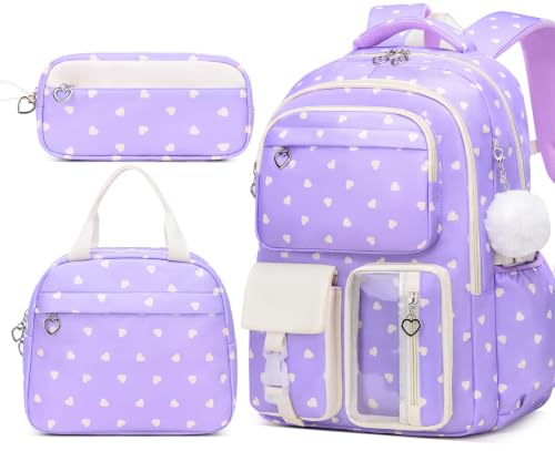Girls Backpack Set 3PCS Ages 6-12, Kids School Backpack - color: Purple Heart