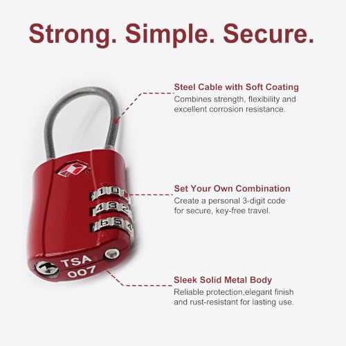 TSA Approved Locks for Luggage Locker, Europe Travel Essentials - color: Black+Red