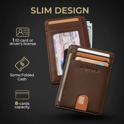 RUNBOX Slim Wallet for Men and Women, RFID Blocking Leather Card Holder - color: Classic Brown