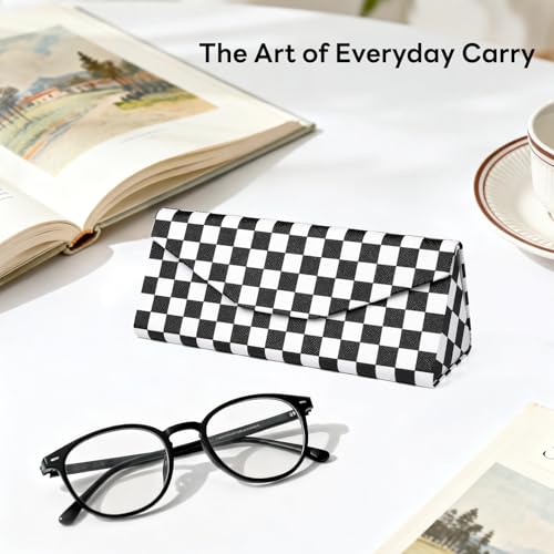 Sunglasses Case, Foldable Glasses Case, Magnetic PU Leather Hard Shell Folding Eyeglass Holder Box - color: Mosaic Grid