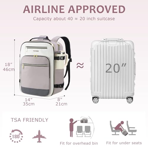 EMPSIGN 40L Travel Backpack for Women & Men | Airline Approved Carry On, TSA Personal Item Bag, Waterproof, Overnight Weekender Essentials, Fits 17" Laptop - color: Beige/Dusty Pink/Grey