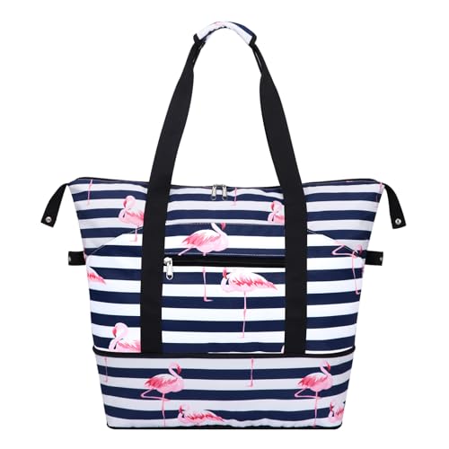 Expandable Duffel Bag for Women with Trolley Sleeve/Wet Pocket Weekender Travel Tote Large Carry On Overnight Luggage - color: Flamingo Stripe
