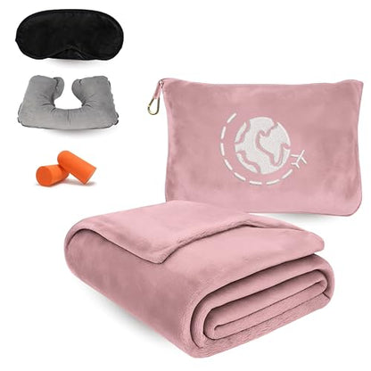 Travel Blanket and Pillow Compact – 4-in-1 Soft Fleece Airplane Blanket with Bag Pillowcase, Neck Pillow, Eye Mask & Earplugs, Lightweight Portable Flight Blanket 60"x43" (Pink) - color: Pink
