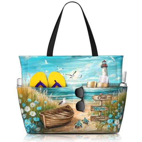 Beach Bag for Women, Large Waterproof Sandproof Tote with Zipper, Foldable Lightweight Swim Bag for Beach Pool Gym - color: Chill. Waves. Repeat.