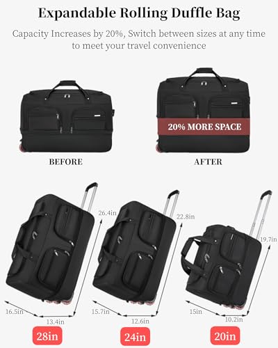 Expandable Rolling Duffle Bag with Wheels, 28" Foldable Carry On Luggage Suitcases, Water-Resistant Travel Duffle Bag Carry On Suitcase Weekend Bag for Women Men Black - color: Black, size: 28in