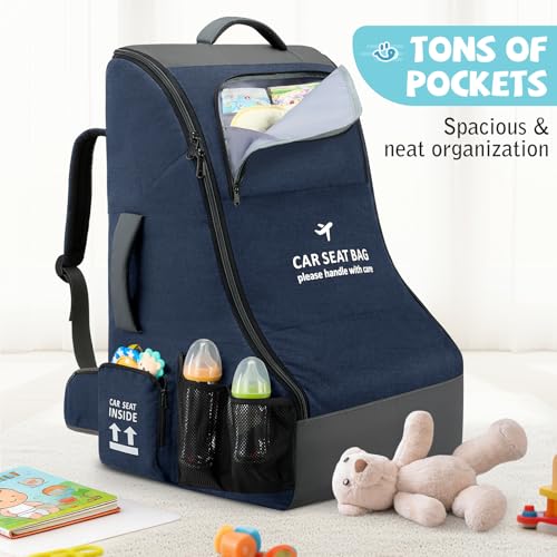 RAINSMORE Padded Car Seat Travel Bag for Airplane Car Seat Backpack, Blue - color: Blue