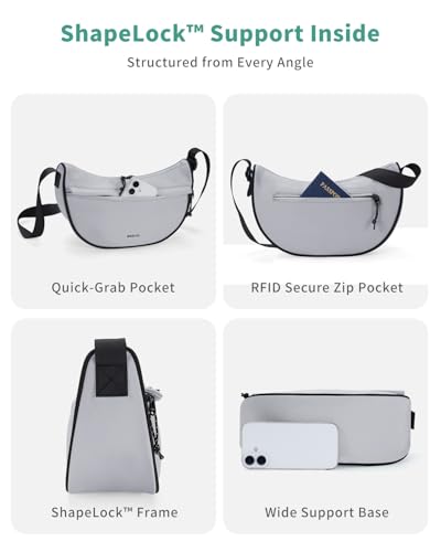 ECOHUB Anti Theft Crossbody Bag for Women & Men, Lightweight Nylon Crescent Shoulder Bag with RFID Pocket, Adjustable Strap - color: Grey
