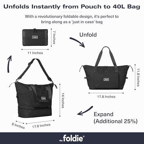 The Foldie Foldable Travel Bag for Women - 40L Weekender Bag with Multiple Pockets - Carry On Expendable Travel Bag - color: Black