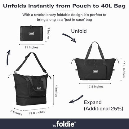 The Foldie Foldable Travel Bag for Women - 40L Weekender Bag with Multiple Pockets - Carry On Expendable Travel Bag - color: Black