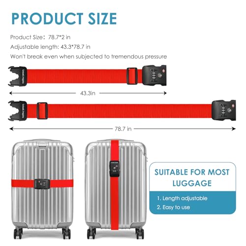 Travel Inspira 2 Pack Luggage Straps for Suitcases with TSA Lock - color: Apple Red
