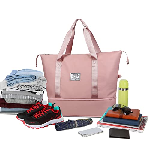 NPBAG Women Travel Duffel, Multi Functional Large Expandable Weekender Carry-on Tote, Gym Workout Overnight Bag, Mommy Hospital Bag for Labor and Delivery - color: Basic-Camo Pink, style: Basic Version