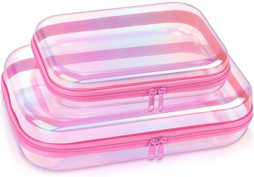 Clear Hard Shell Zipper Organizer Cases, 2 Pack, Iridescent - color: Pink Iridescent