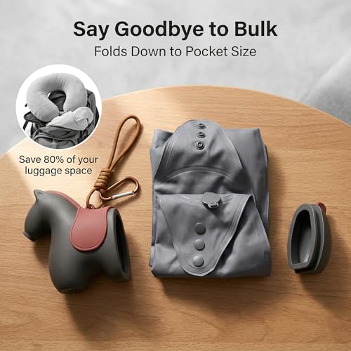 Foldable Inflatable Travel Pillow with Cute Pony Storage Case, Portable Neck Pillow for Airplane, Train & Napping, Hygienic & Skin-Friendly Fabric (Grey) - color: Grey