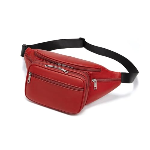 Genuine Leather Large 7 Pocket Waist Pack with Organizer, Card Slots (Red) - color: Red